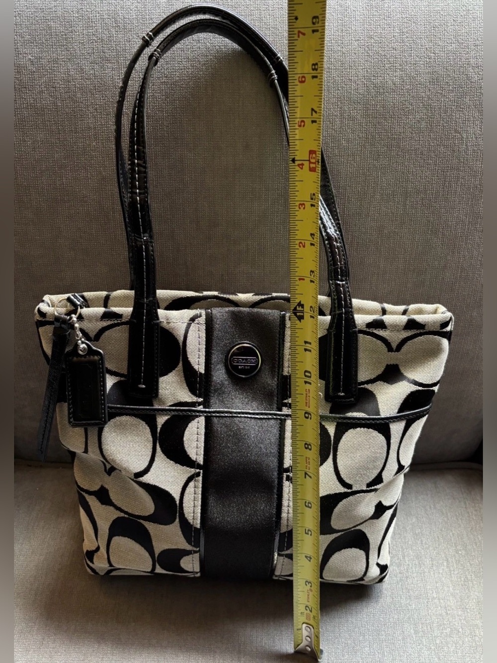 Coach F25771 Signature Stripe Tote Black/Khaki Patent Leather Trim Shoulder Bag - Picture 6 of 16